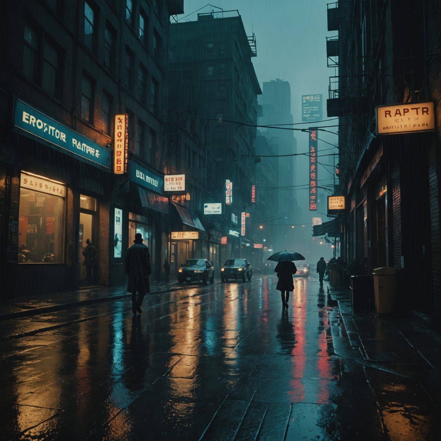 Rainy Cityscape with Cinematic Shadows
