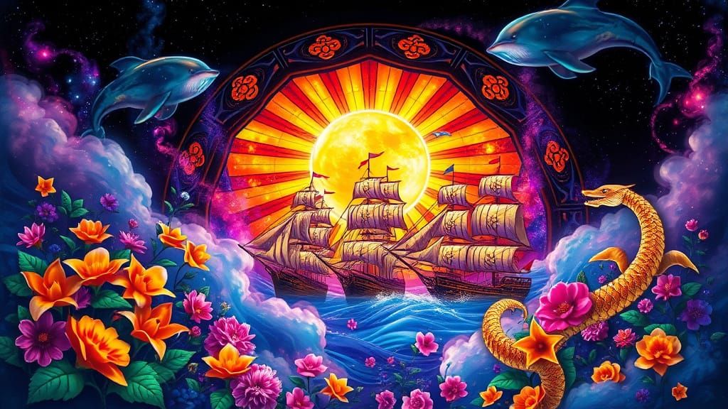 Stained Glass Window: Chinese Ships in Nebula