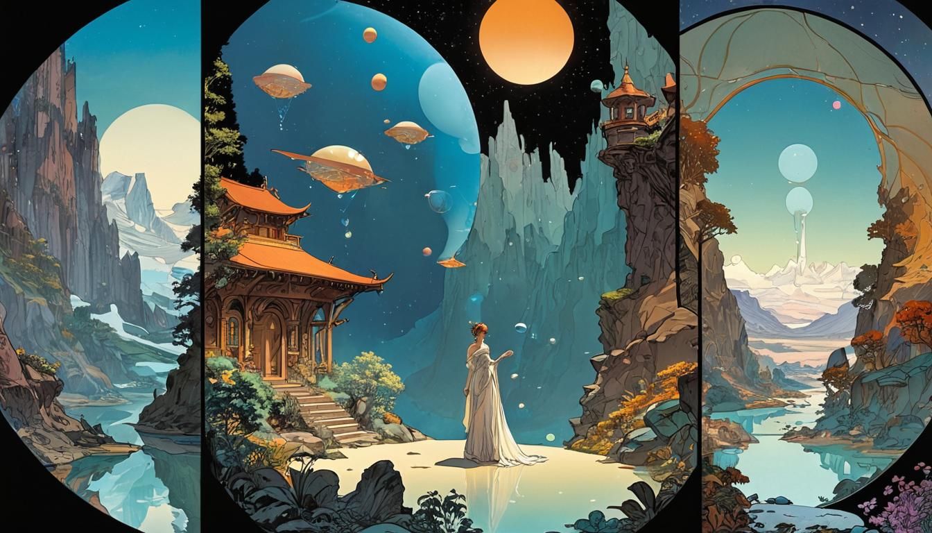 Cosmic Hopepunk Comic Art in Art Nouveau Style