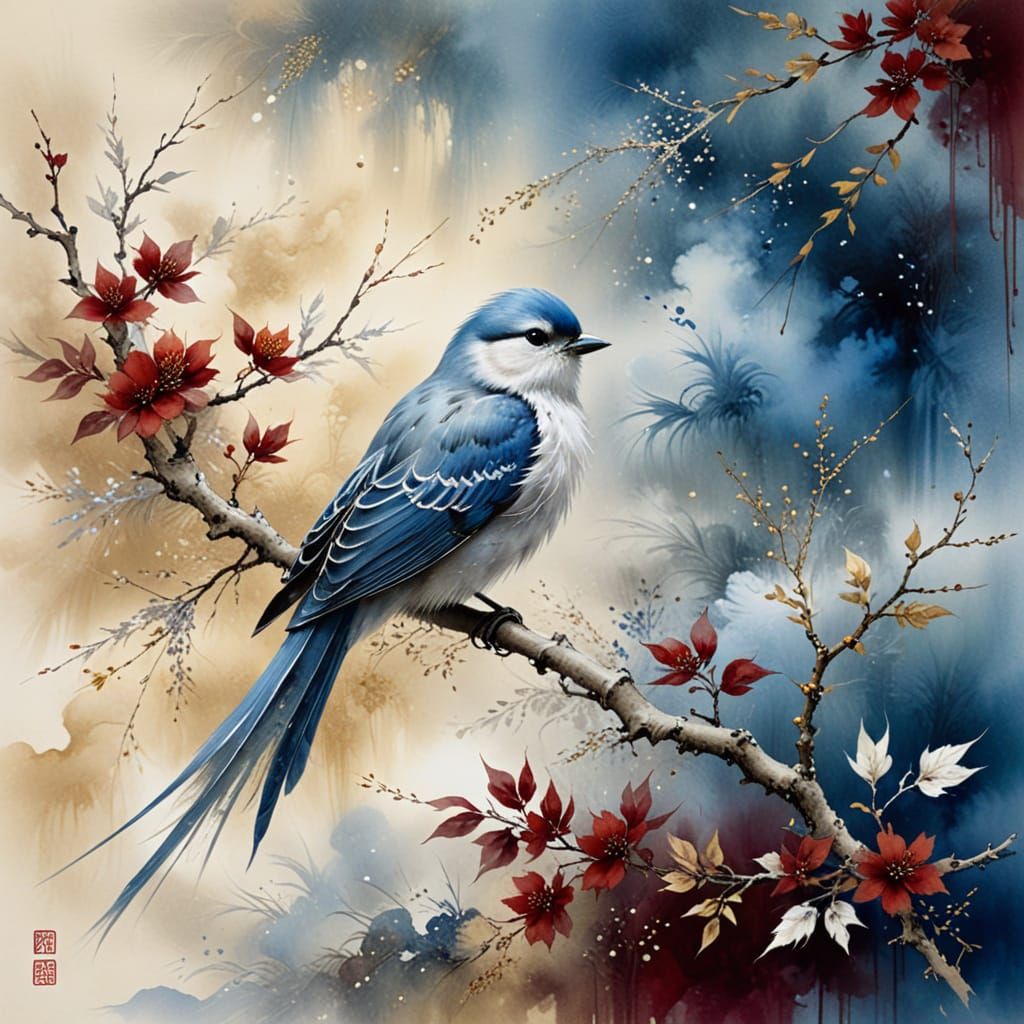 Chinese Landscape Painting with Bird in Watercolor Style