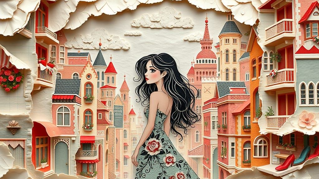 Woman in 3D Paper Collage Art Deco Cityscape