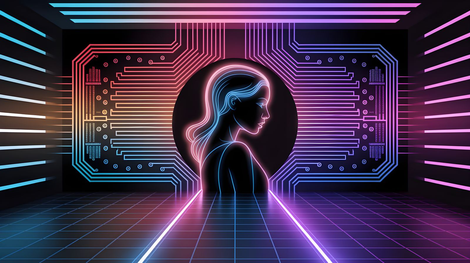 Surreal Vector Art of a Woman's Face Amidst a Striped Circui...