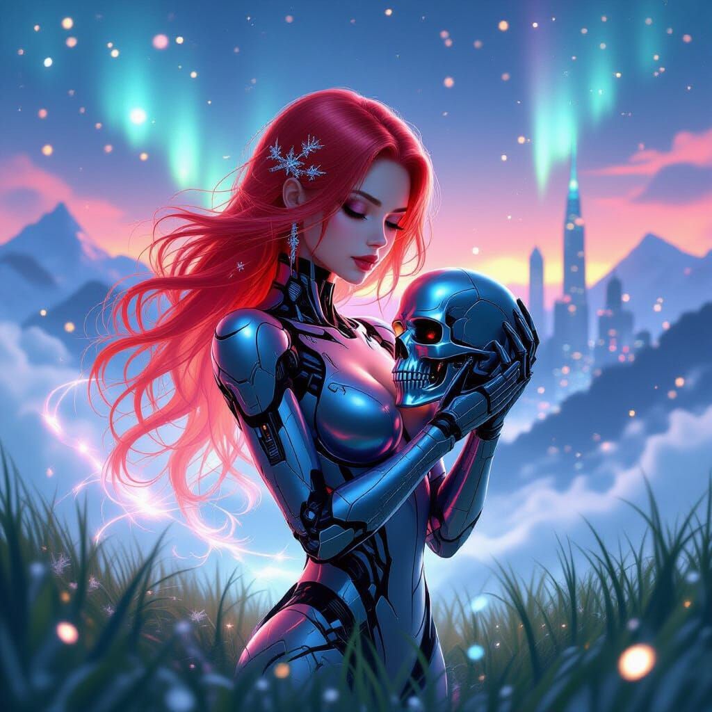 Cyber Android Holds Robot Skull Amidst Aurora City