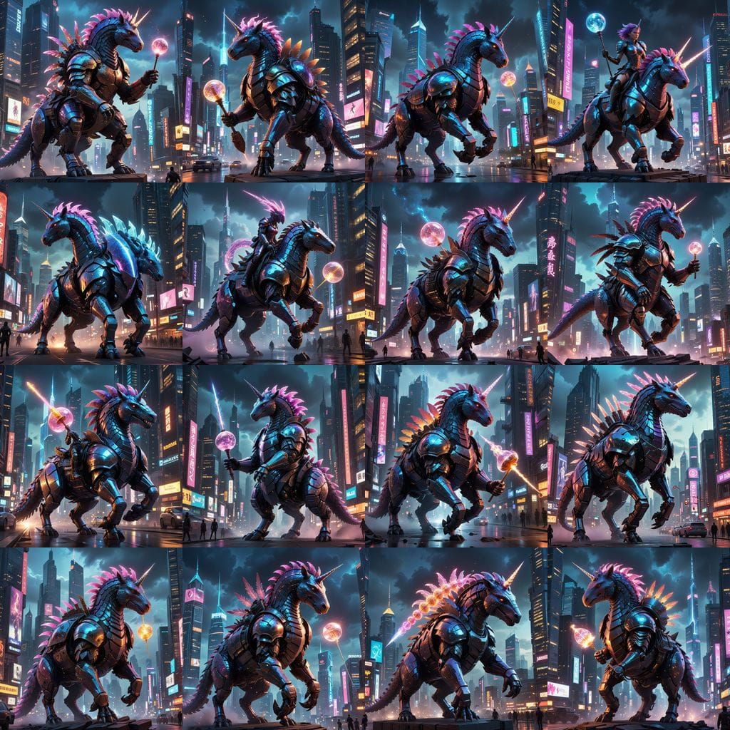 Pangolin Gladiator Rides Unicorn in Cyberpunk City