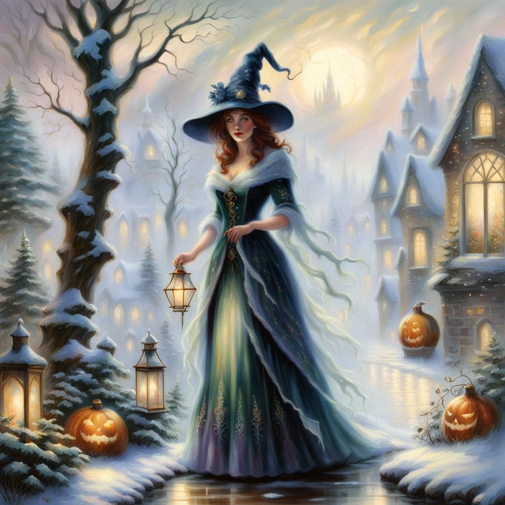 Ethereal New Year Witch in a Fantasy Landscape