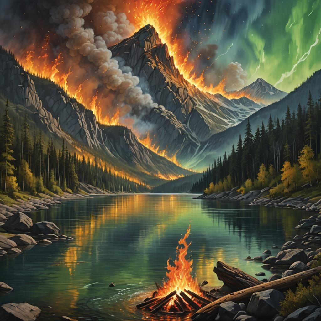 Okanagan Forest Fire Under Aurora Borealis