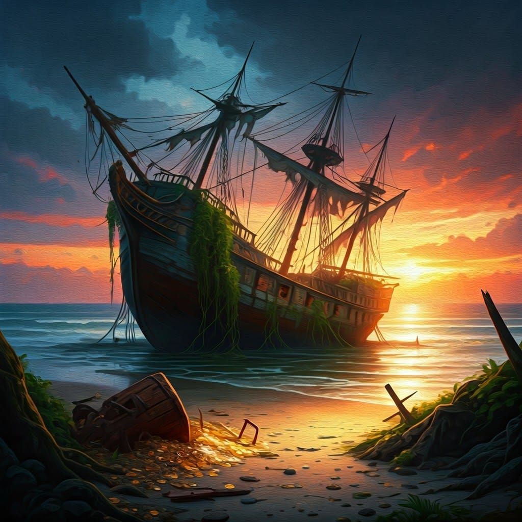 Dramatic Spanish Galleon Beach Scene in Neo-Expressionist St...