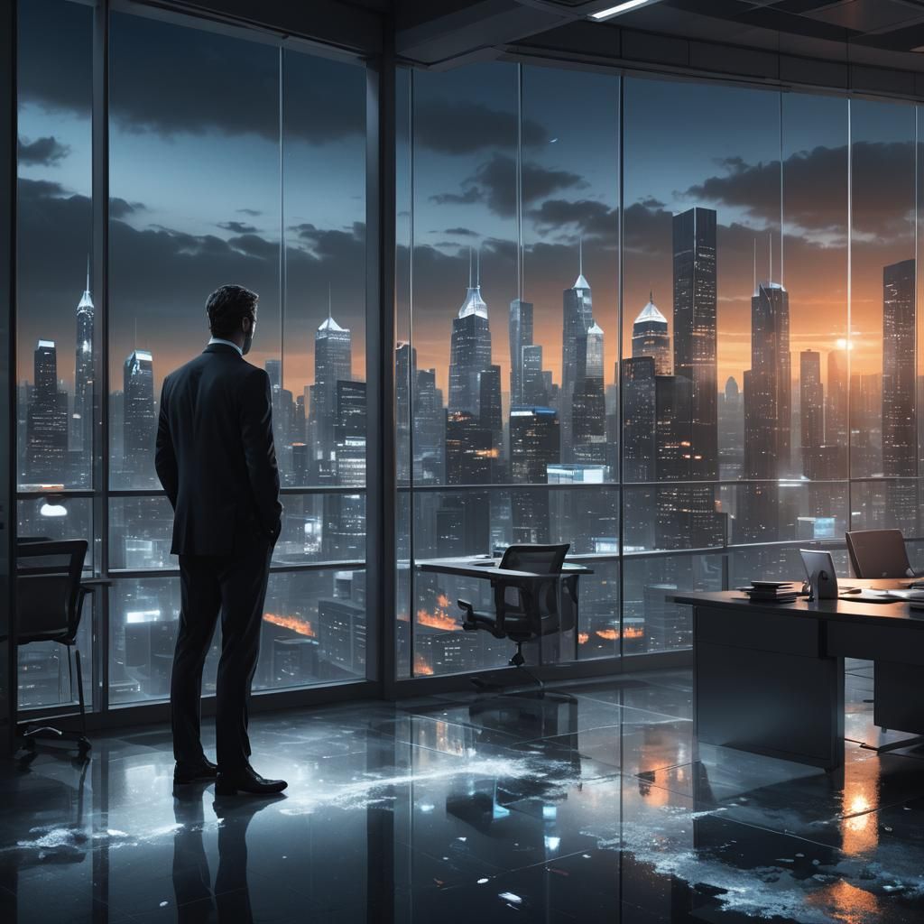 Man in Minimalist Office with City View, Art Nouveau