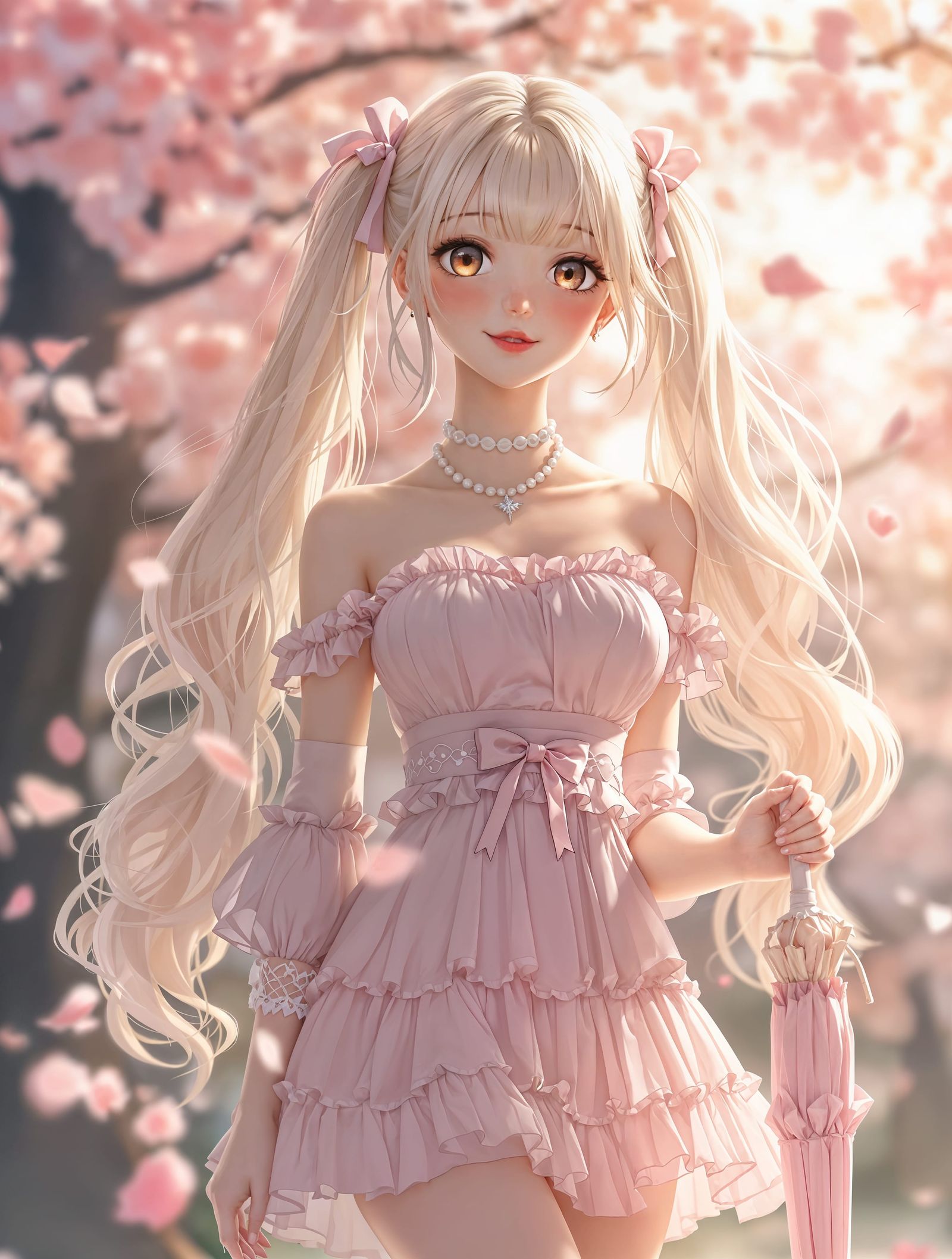 Elegant Anime Girl with Cherry Blossoms in Dreamy Style