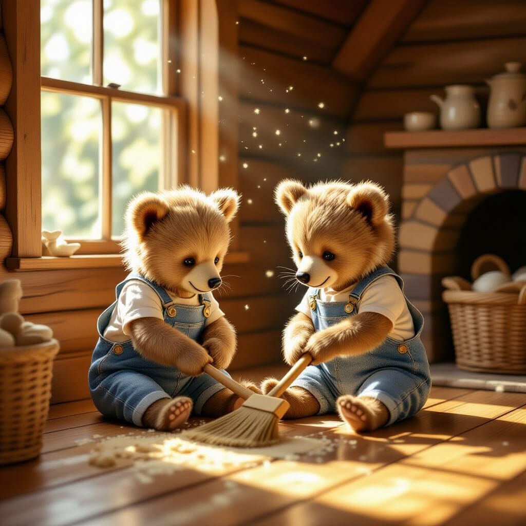 Baby Bears Sweeping Cottage Floors in Storybook Style