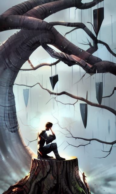 Cyborg Android Warrior Contemplates in Sci-Fi Landscape