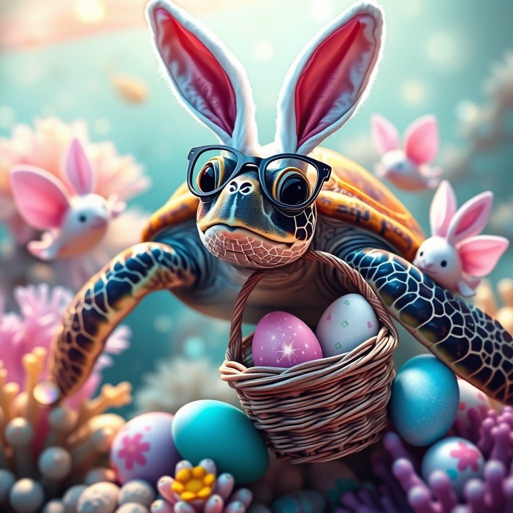 Whimsical Easter Sea Turtle with Merbabies