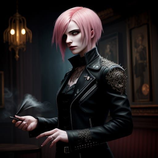Art Nouveau Punk. Medium shot. A mysterious woman with spiky pink hair, clad in a sleek black leather jacket, sips absin...