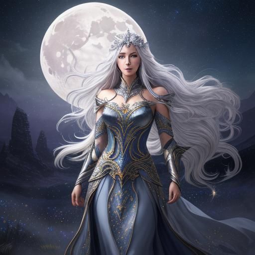 Ein detailreiches Porträt von Arianrhod, der keltischen Gött...