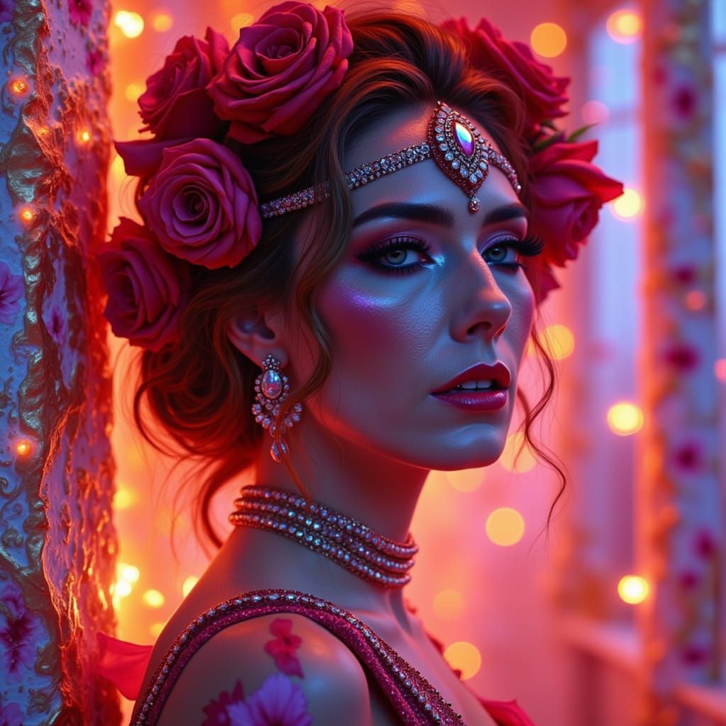 Rose-Adorned Woman Portrait in High-Contrast Digital Art