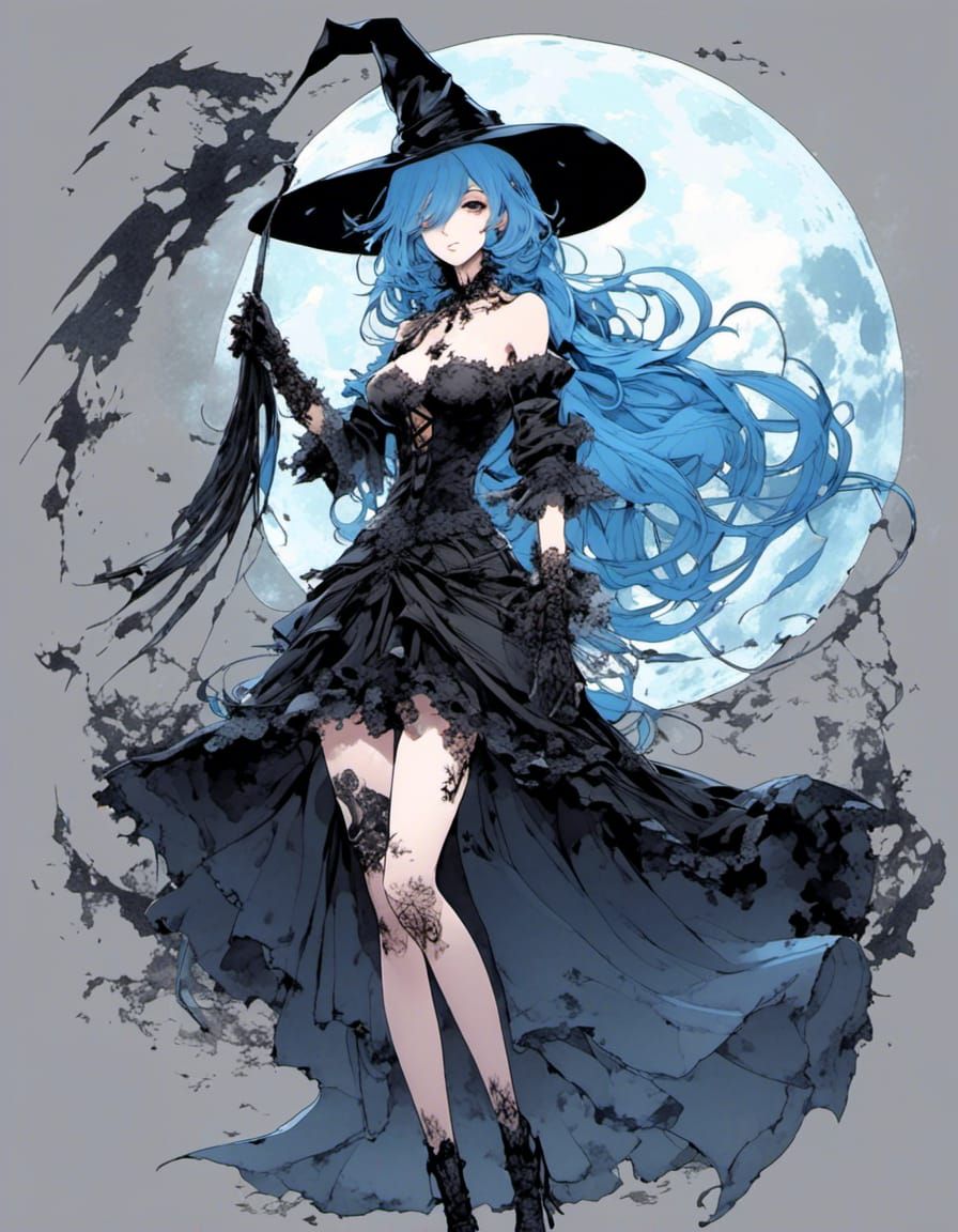 Anime Witch Girl with Dark Magic and Moon