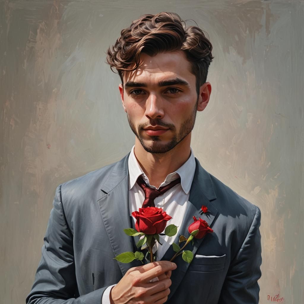 Handsome Man with Rose in Photorealistic Style