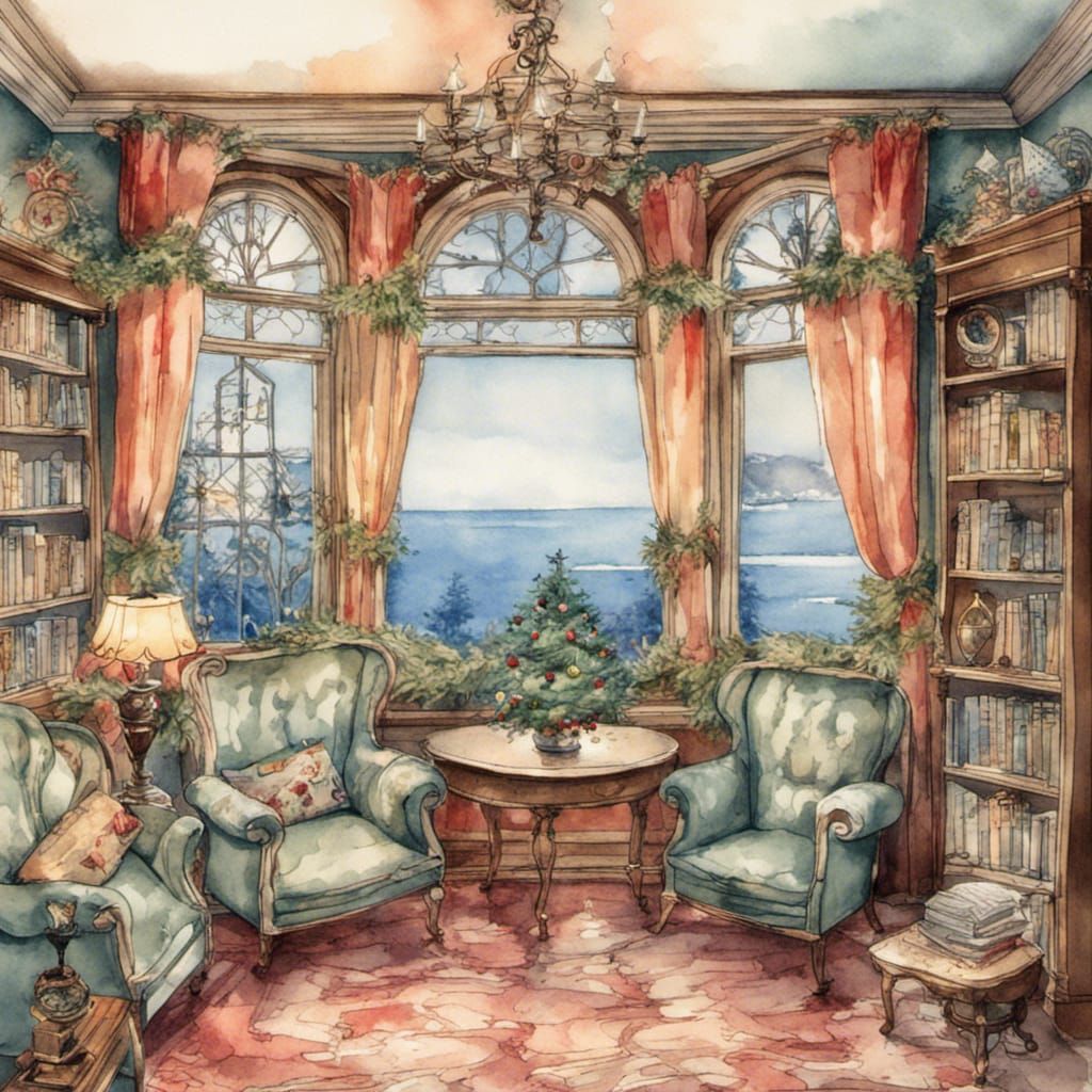Victorian Christmas Living Room Watercolor Painting
