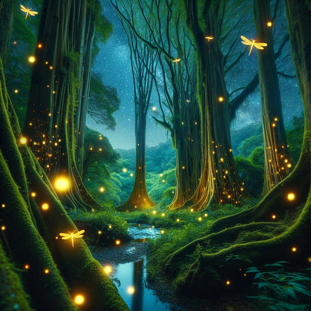 Enchanting Forest Scene at Night with Fireflies