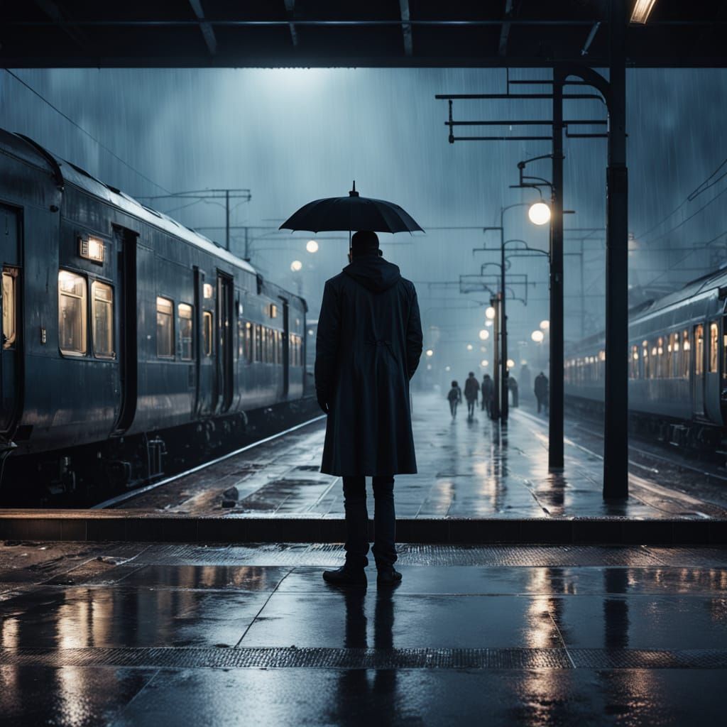 Gloomy Train Station at Dusk with Rain and Blurred Lights