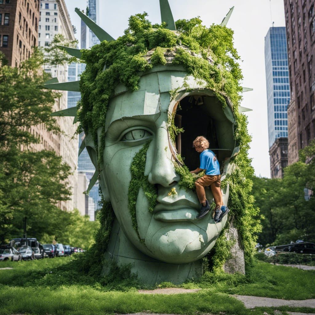 Human in Decayed Statue of Liberty Face