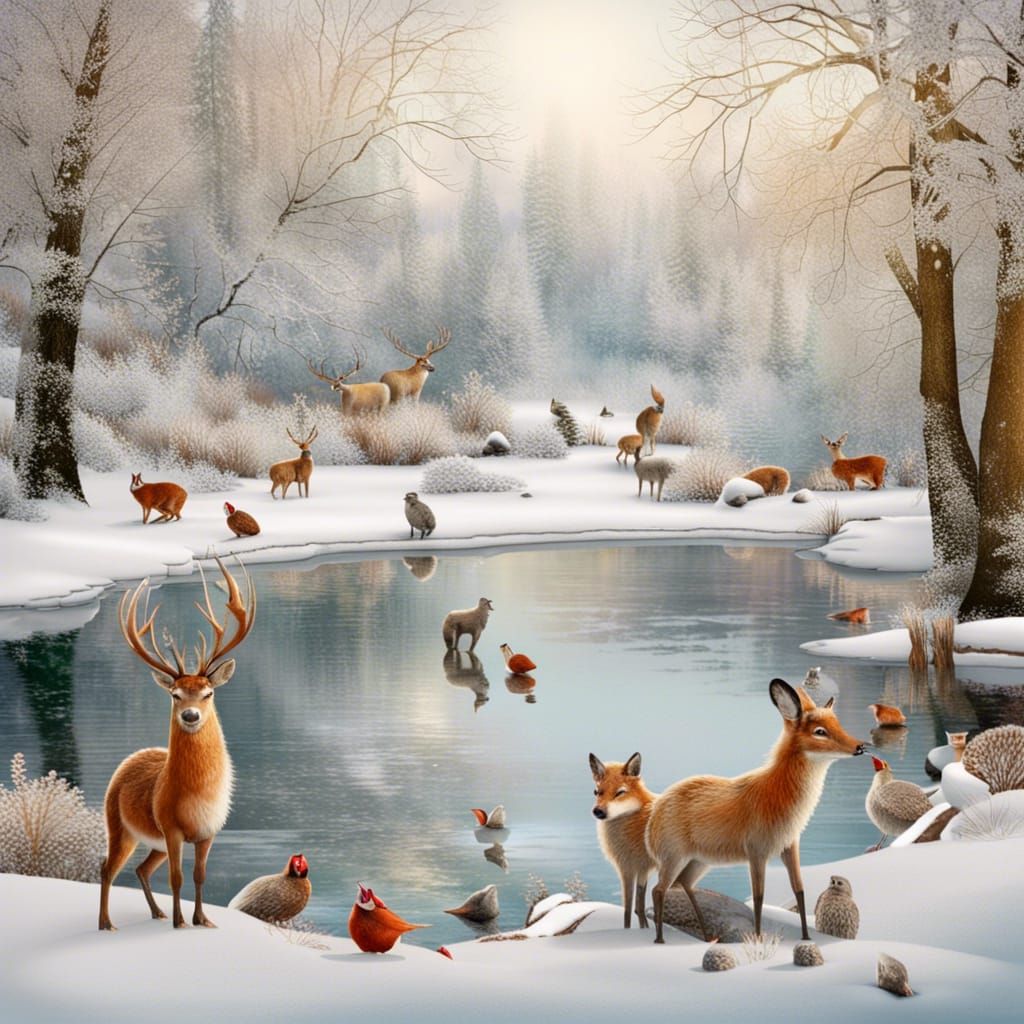 Winter Wonderland Scene with Frozen Pond