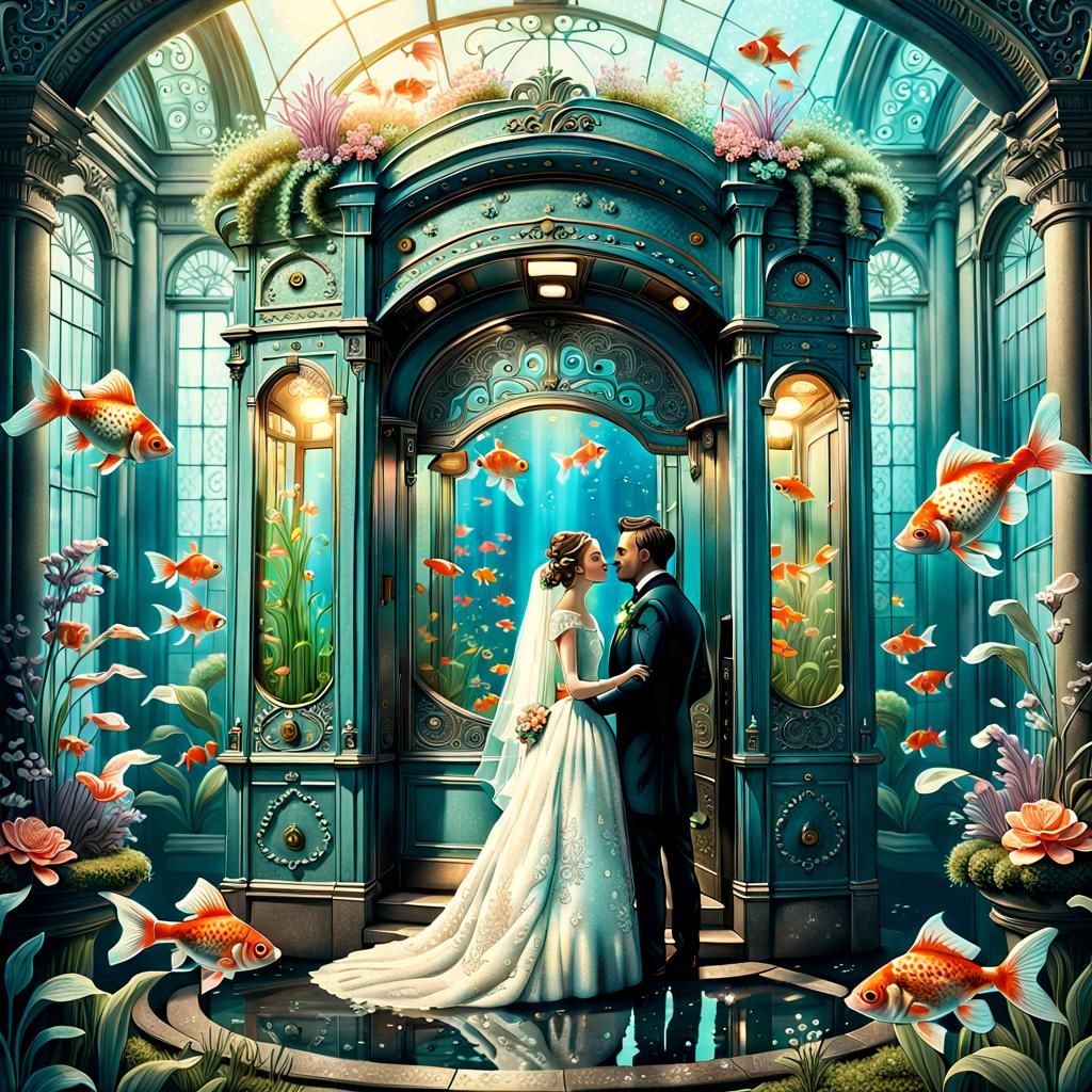 Whimsical Wedding Scene as 19th Century Engraving