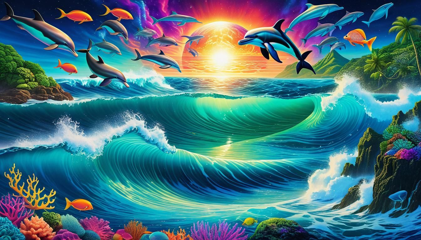 Sunset Symphony: A Dance of Dolphins and Waves
