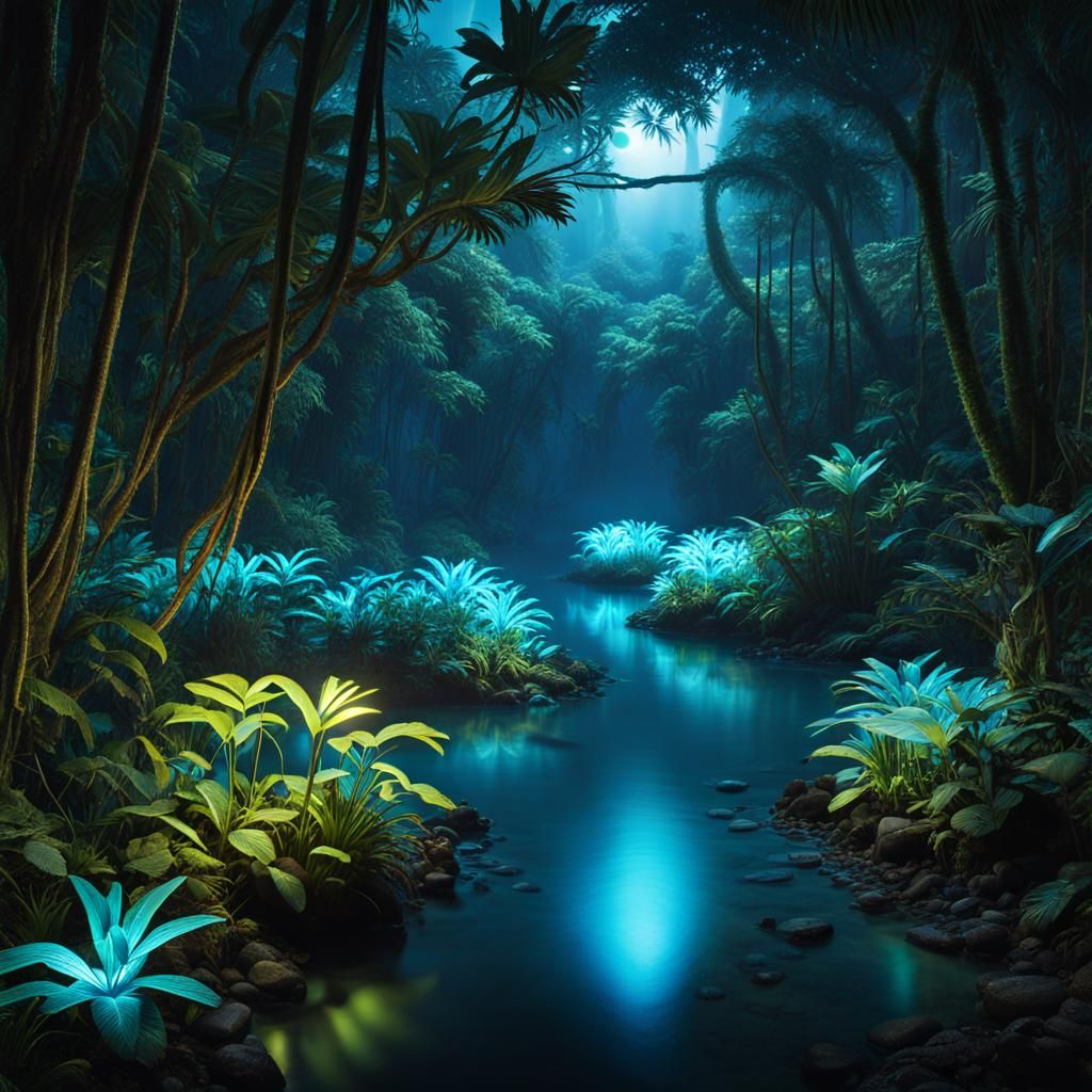 Bioluminescent Jungle Path at Night: Pandora-Inspired