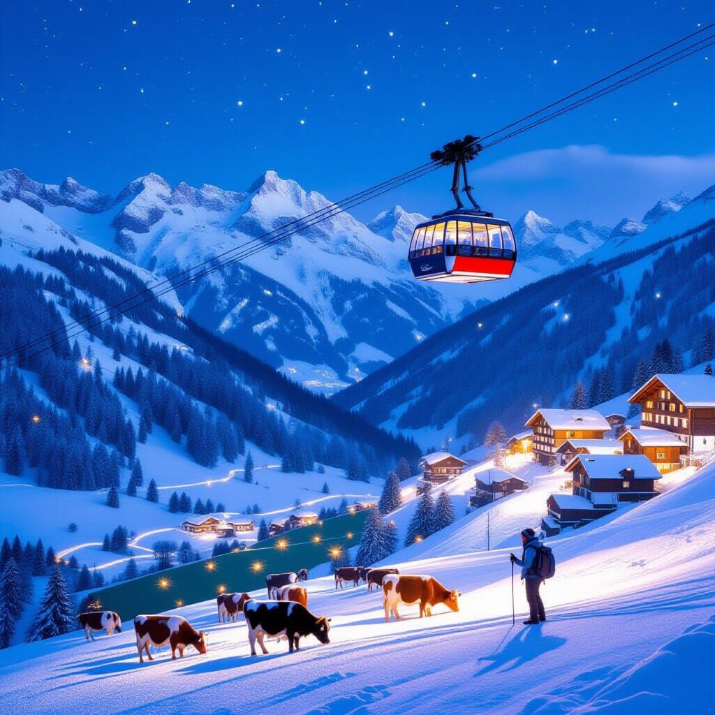 Snowy Alpine Village Aglow With Lanterns At Night