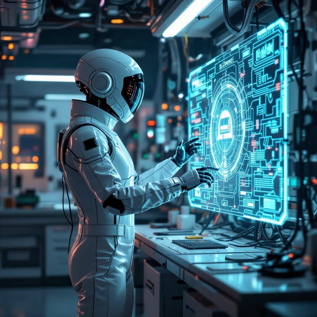 Futuristic Humanoid in Laboratory, in Syd Mead Style