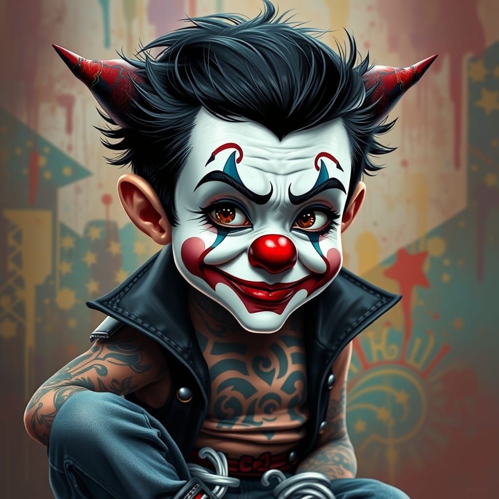 Whimsical Clown with Intricate Tattoos in a Vibrant, Hyperre...