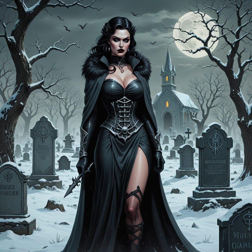 Evil Necromancer in Winter Graveyard: Pinup Fantasy Art