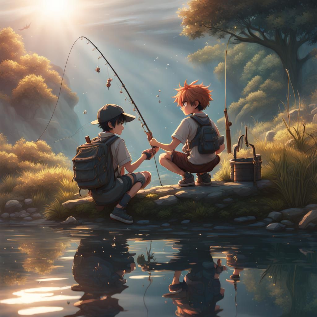Anime Boy Fishing with Friend: Detailed Matte Painting