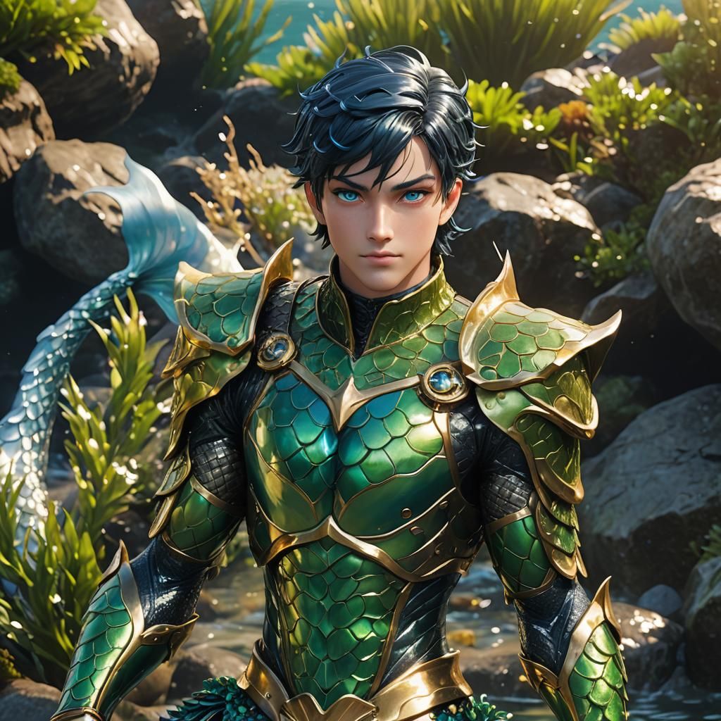 Anime Merman in Ornate Armor, 3D Rendered