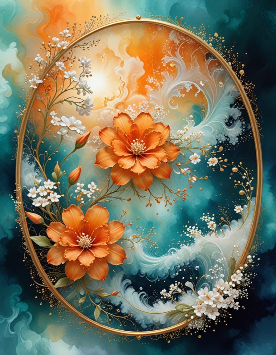 Alcohol Ink Art Orange Tuberosa Flower in Gold Frame