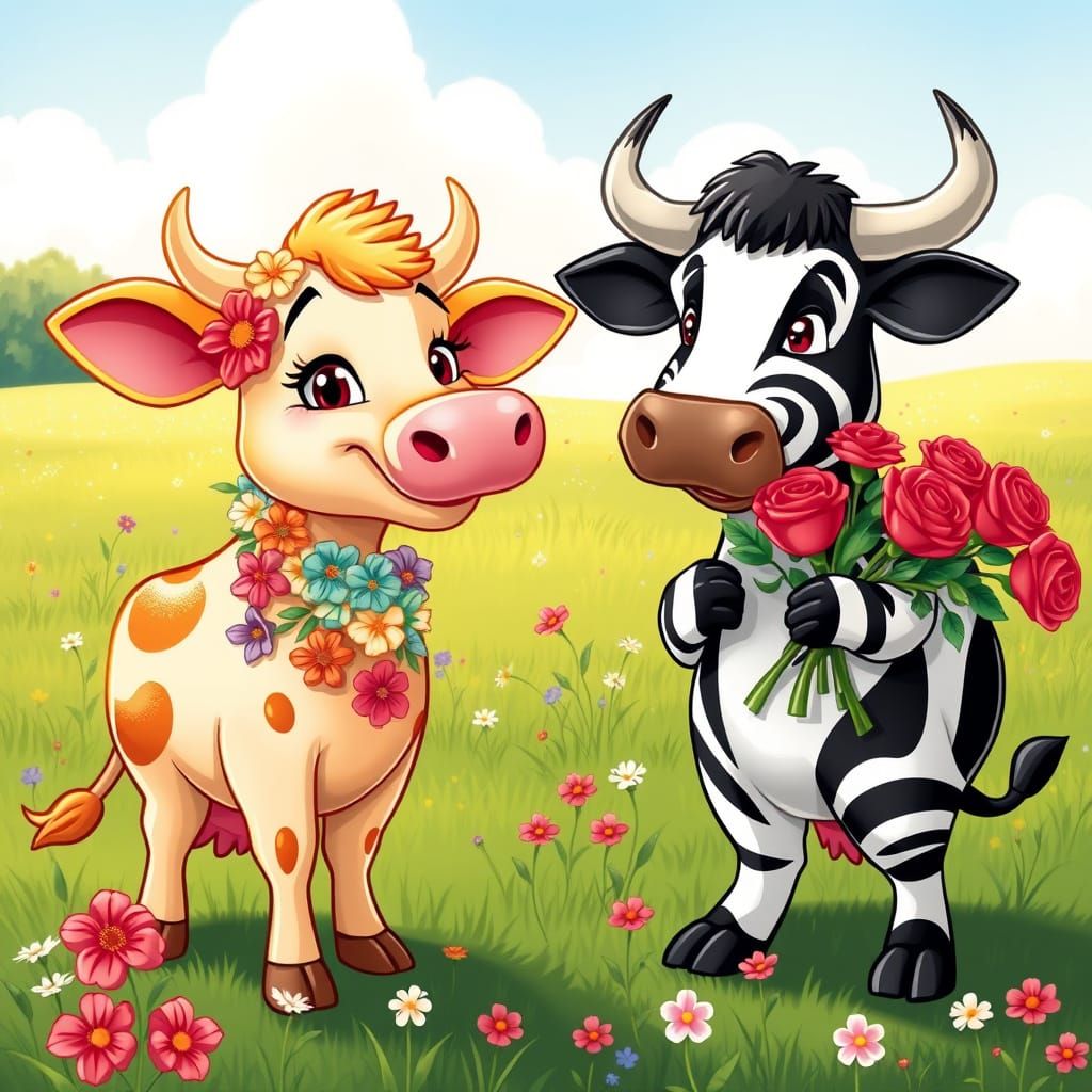 Cartoon cow being approached by a cartoon bull carrying red roses