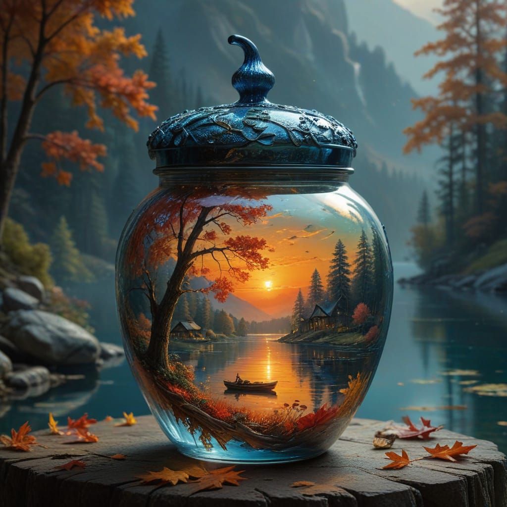 A Clear Glass Acorn Jar with a Swiss Lake Scene and Red Suns...