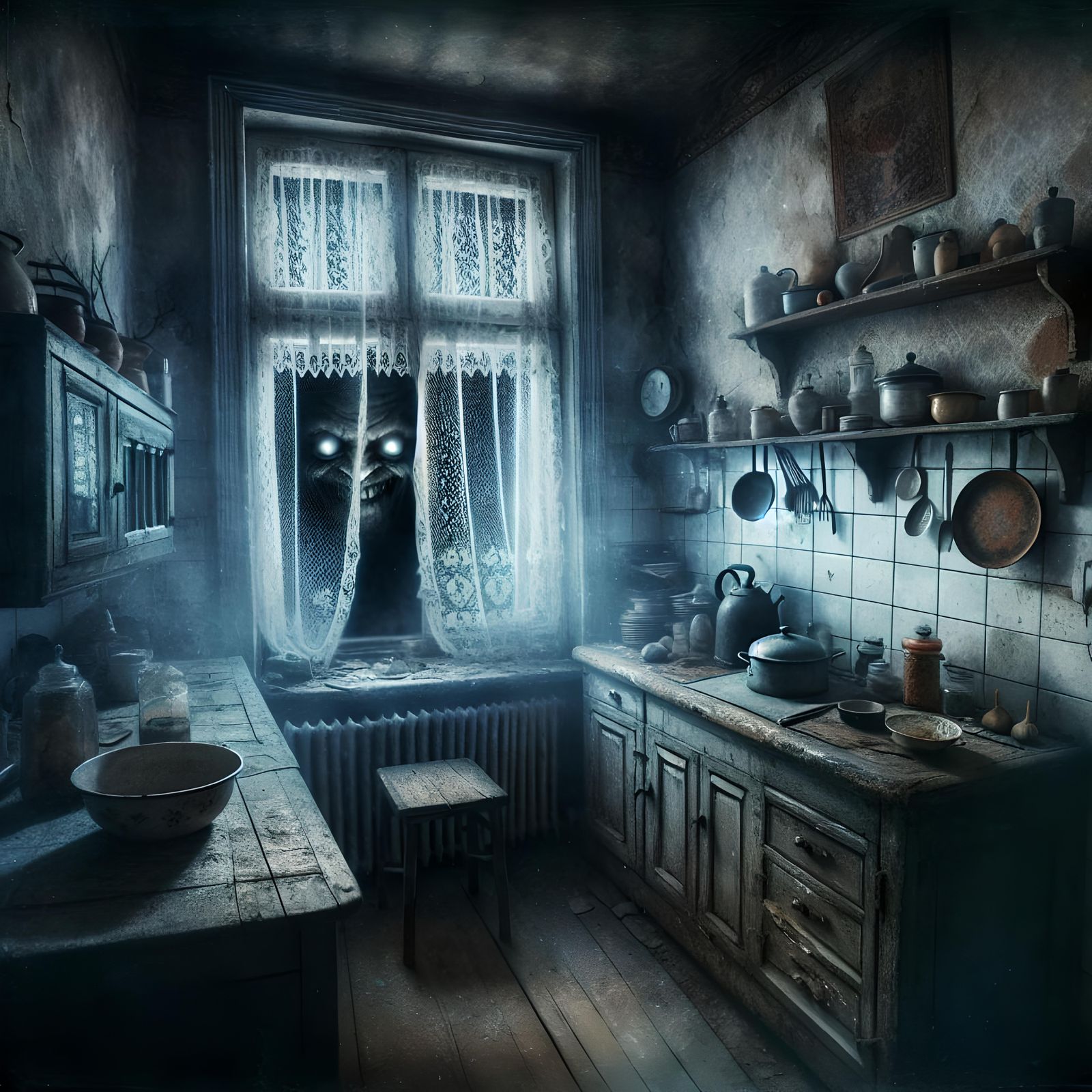 Terrifying Face Looms at Window in Old Kitchen