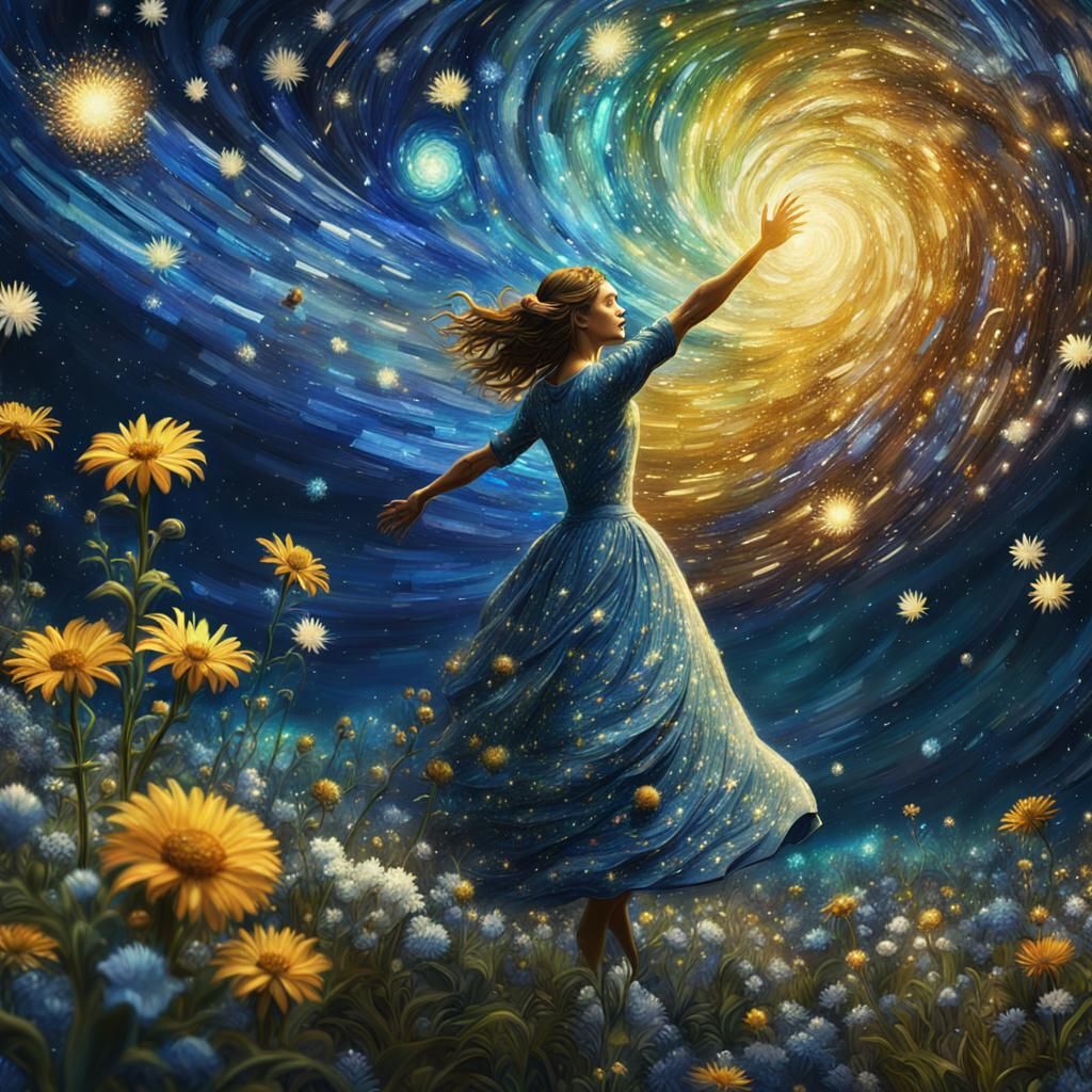 Cosmic Woman Dancing with Stars in Van Gogh Style