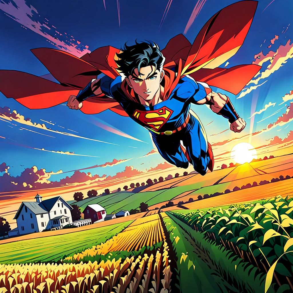 Superboy Soaring: 90s Anime Style Sunset