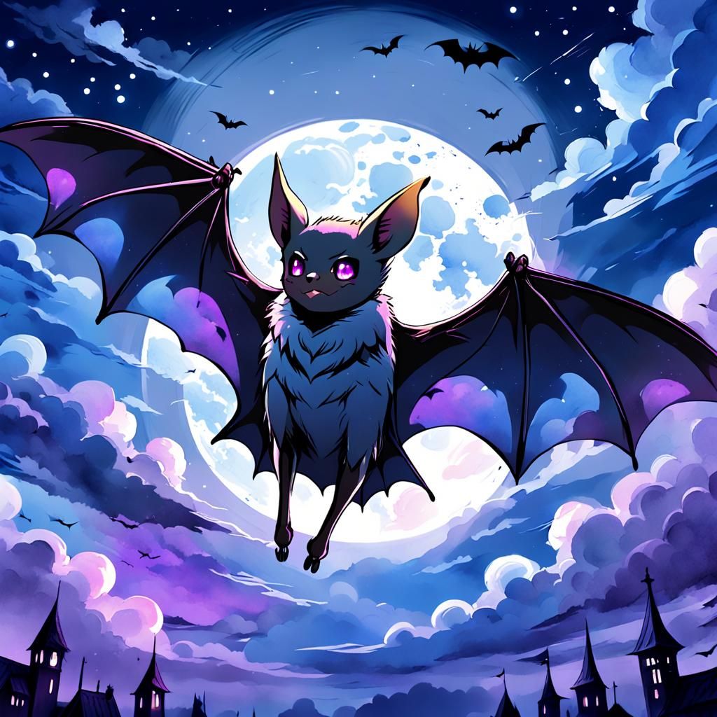 Anime Bat in Midnight Sky: Watercolor Digital Art