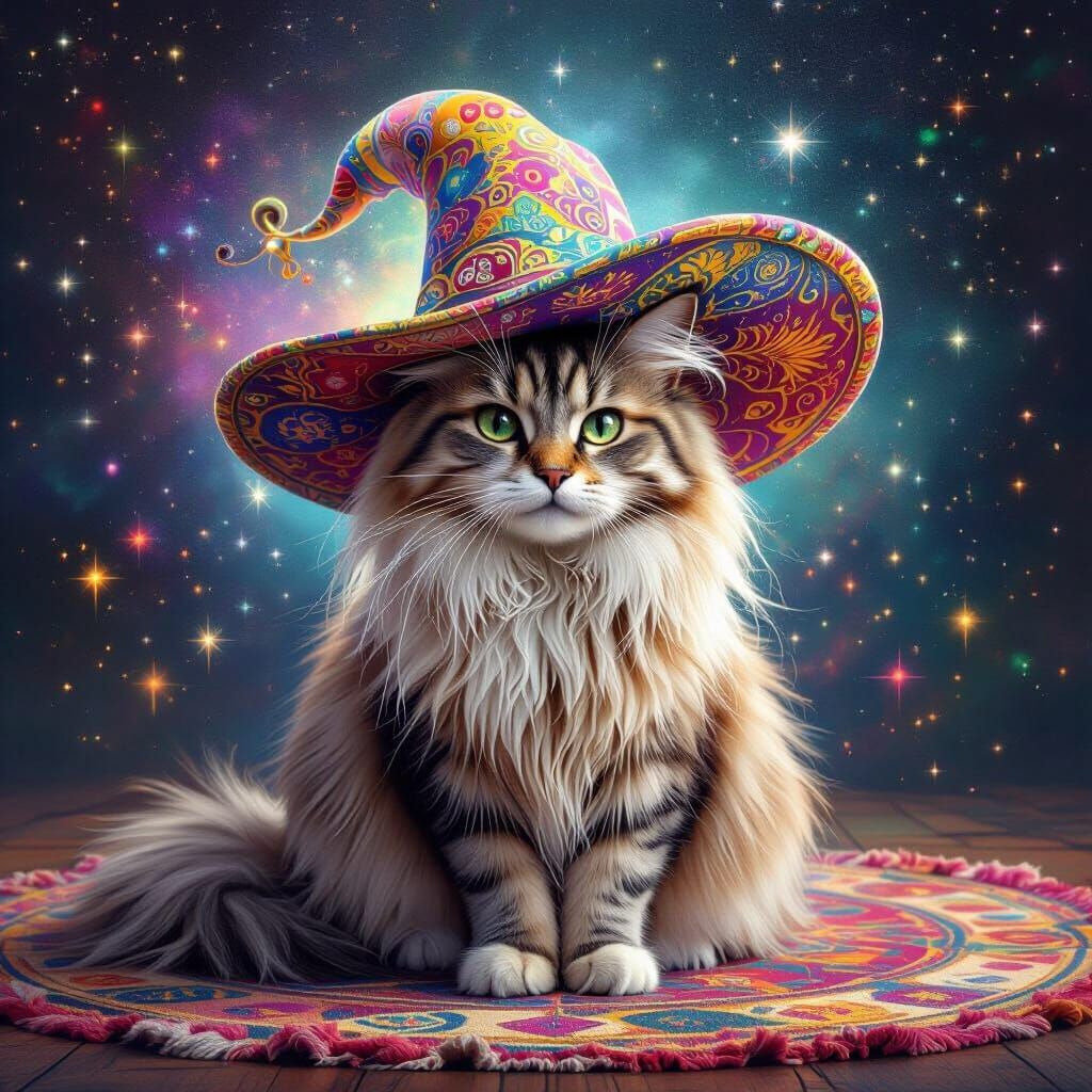 Majestic Cat in Cosmic Hat on Patterned Mat
