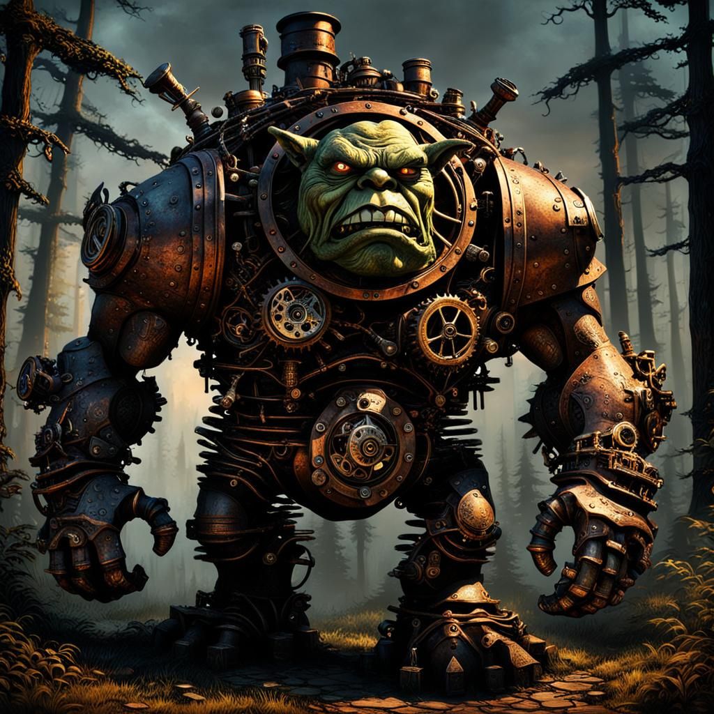 Steampunk Clockwork Ogre Emerges at Dusk