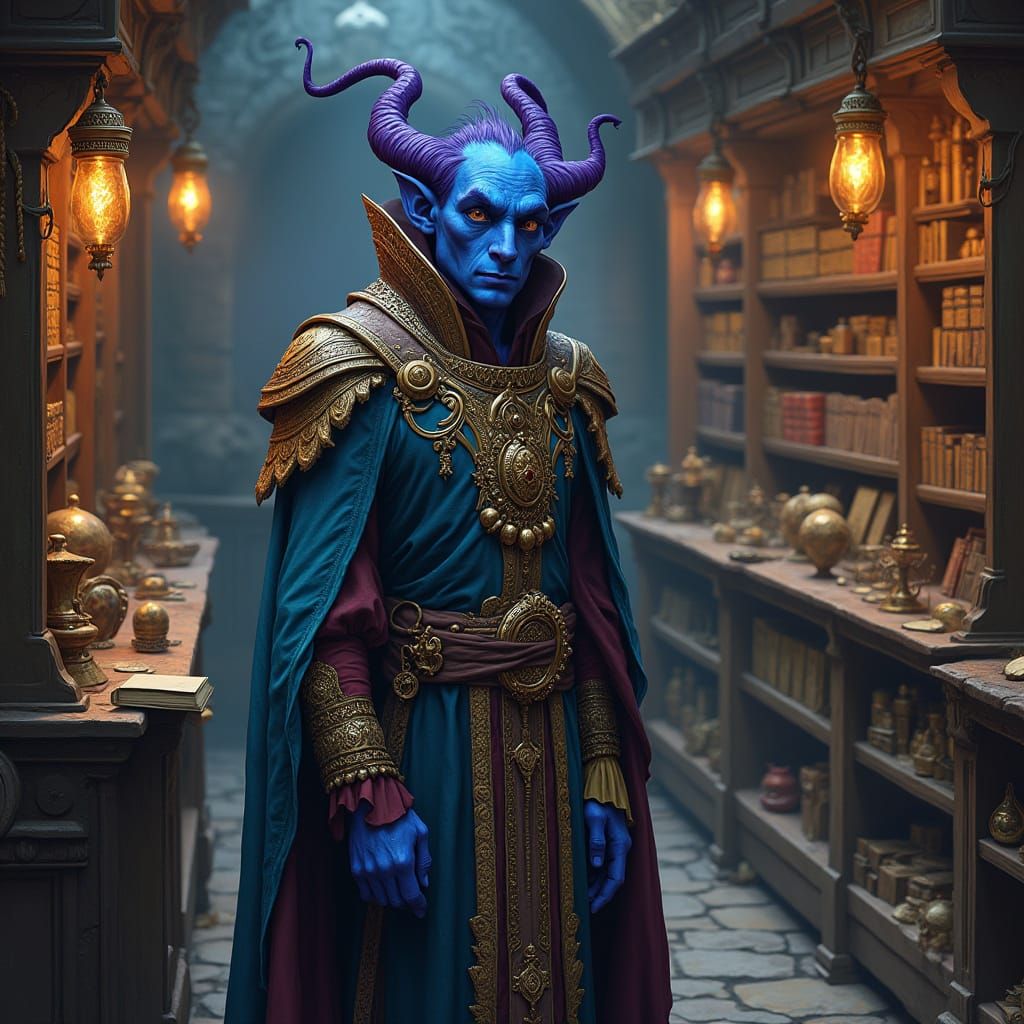 Blue Tiefling Bard in a Magic Shop