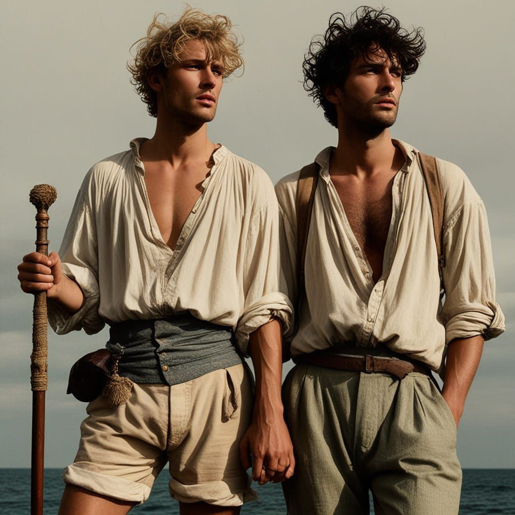 Two Dashing Stranded Gentlemen in 18th Century Attire