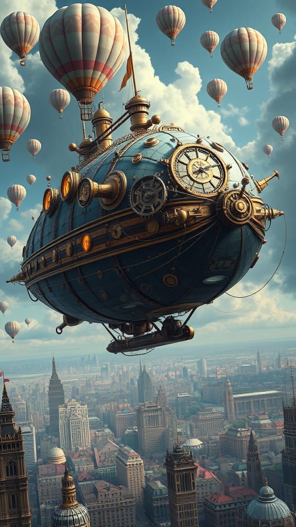 Steampunk Nautilus Airship Soaring Through Clockwork Skies