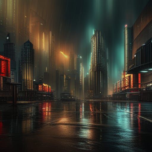 Cyberpunk Cityscape in Rain: Digital Matte Painting
