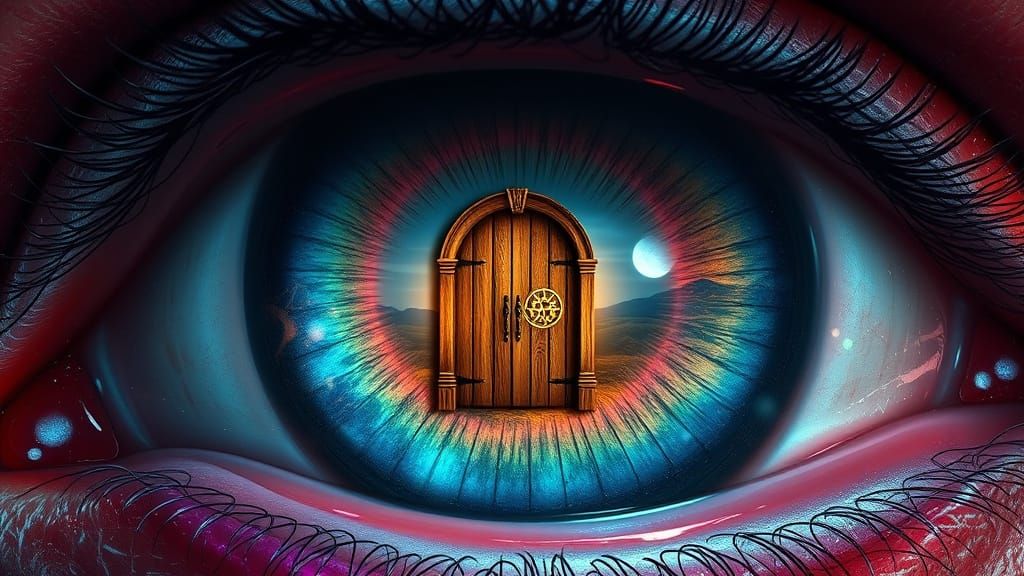Colossal Iridescent Eye Portal to a Fantasy Landscape