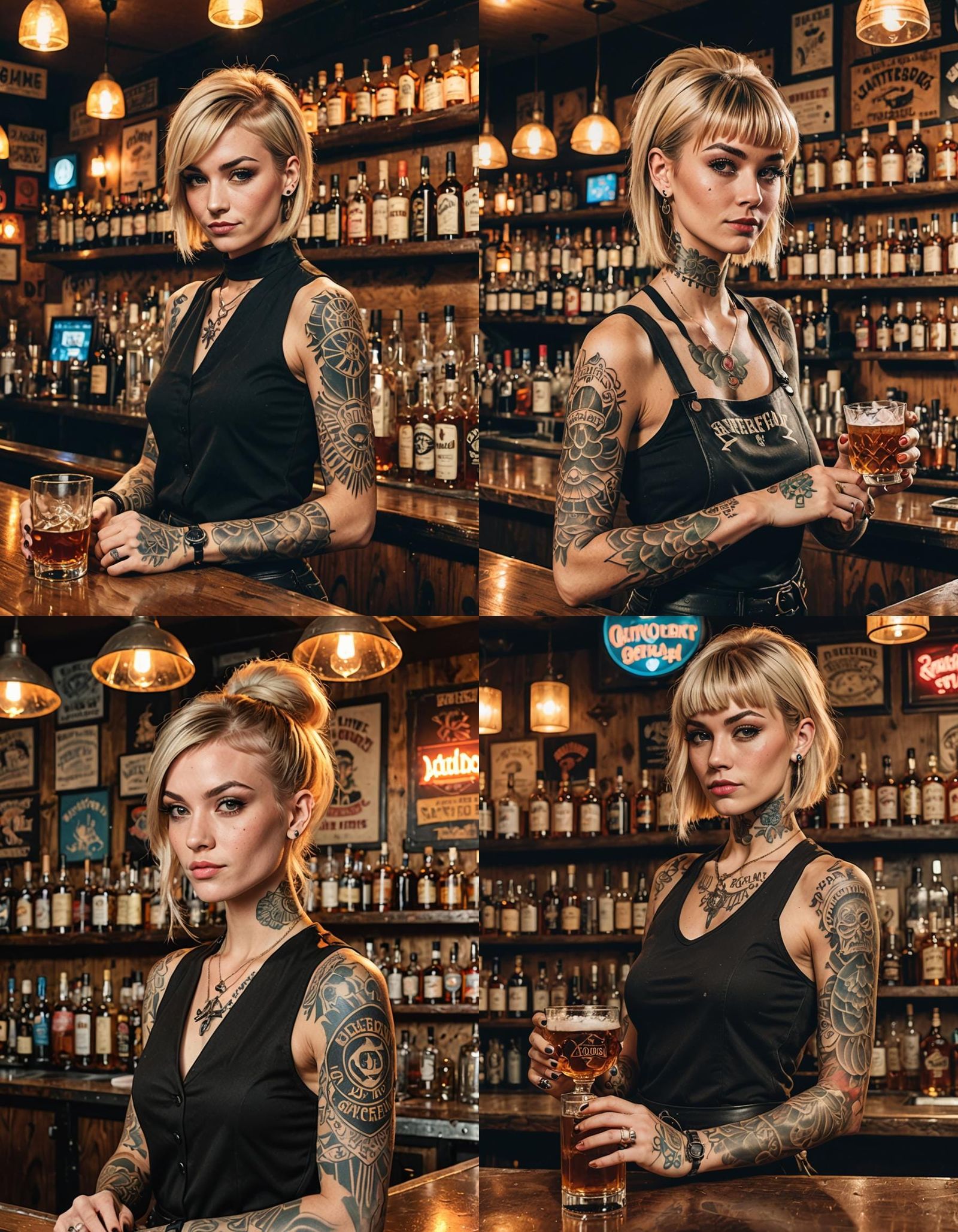 Tattooed Bartender Serving Whiskey in Dive Bar
